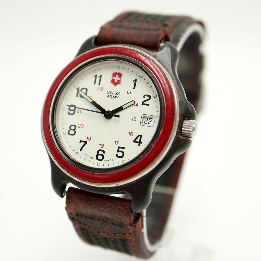 Vintage Swiss Army Watch 38mm Red Bezel Date Watch Leather Canvas New Battery